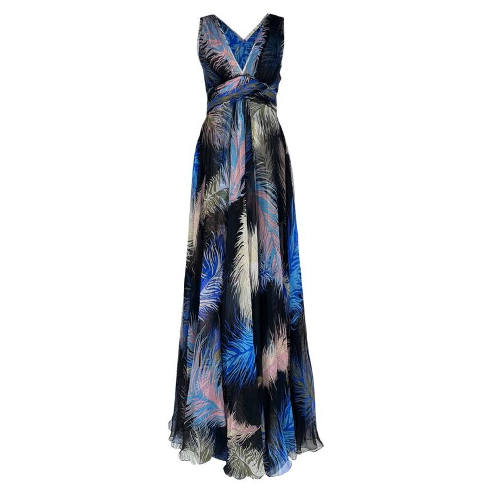 Emilio Pucci Feather Printed Maxi Dress in Multicolor Silk